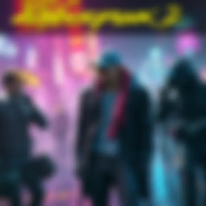 Cyberpunk 2 Lifepath Options A vibrant scene showcasing diverse characters representing different lifepaths in Cyberpunk 2, including a Nomad, a Street Kid, and a Corpo, each with unique styles and gear.