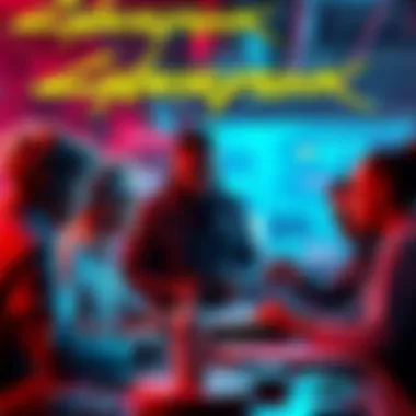 A group of developers discussing project plans and strategies for Cyberpunk 2 amidst chaotic work environment.