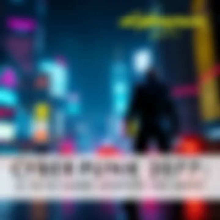 A vibrant city skyline at night with neon lights, showcasing a character standing in a futuristic outfit, reflecting the game's themes of technology and urban life.