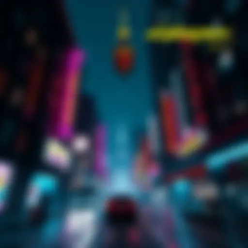 Cyberpunk 2077 Night City A vibrant scene of Night City from Cyberpunk 2077, showcasing neon lights, tall buildings, and a lively street.