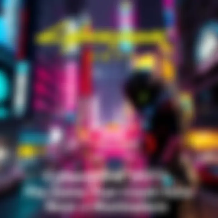 A futuristic cityscape with neon lights and a cybernetic character in the foreground, showcasing the vibrant yet chaotic world of Cyberpunk 2077.