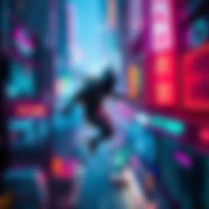 A futuristic assassin navigating a vibrant cyberpunk cityscape filled with neon lights and advanced technology, showcasing dynamic parkour movements.