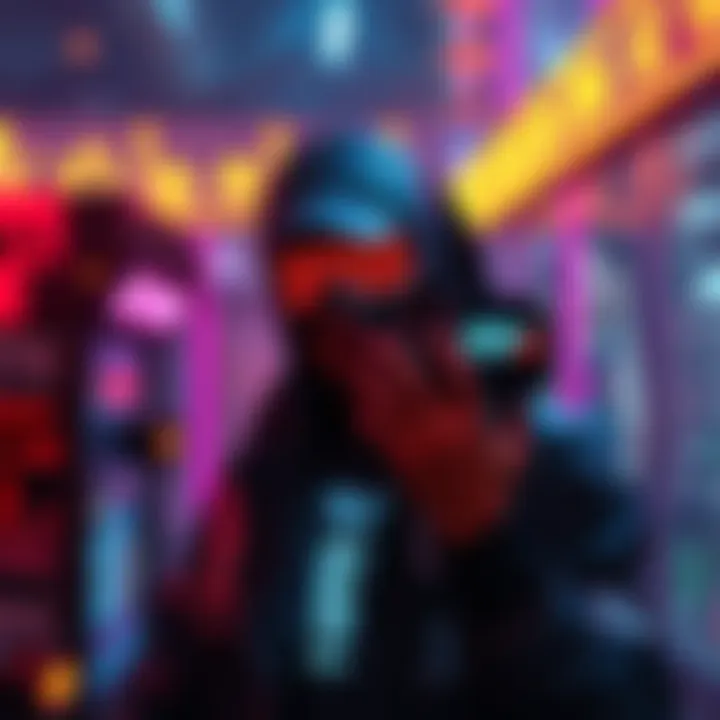 A character accessing the Black Wall hack in Cyberpunk, surrounded by digital graphics and neon colors.