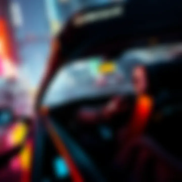 A character in a futuristic car struggling to control the vehicle in a cyberpunk city setting.