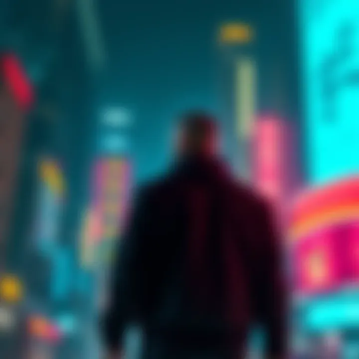 A Cyberpunk character stands in a brightly lit, futuristic cityscape with neon lights and tall buildings, looking contemplative about unresolved stories and political intrigue.