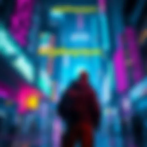 A character standing in a brightly lit Cyberpunk 2077 city, looking contemplative amidst vibrant neon lights and futuristic buildings.