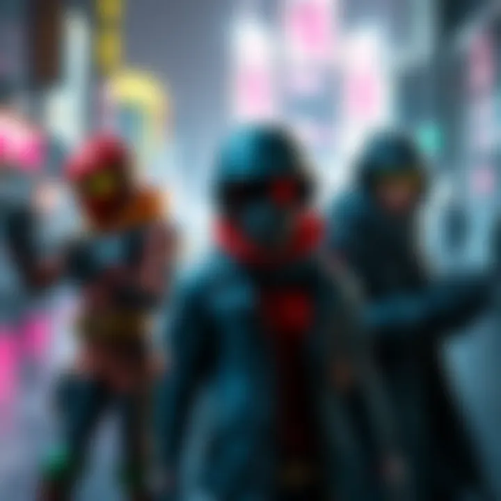 A group of characters with futuristic outfits and advanced technology, showing skills and determination in a Cyberpunk cityscape
