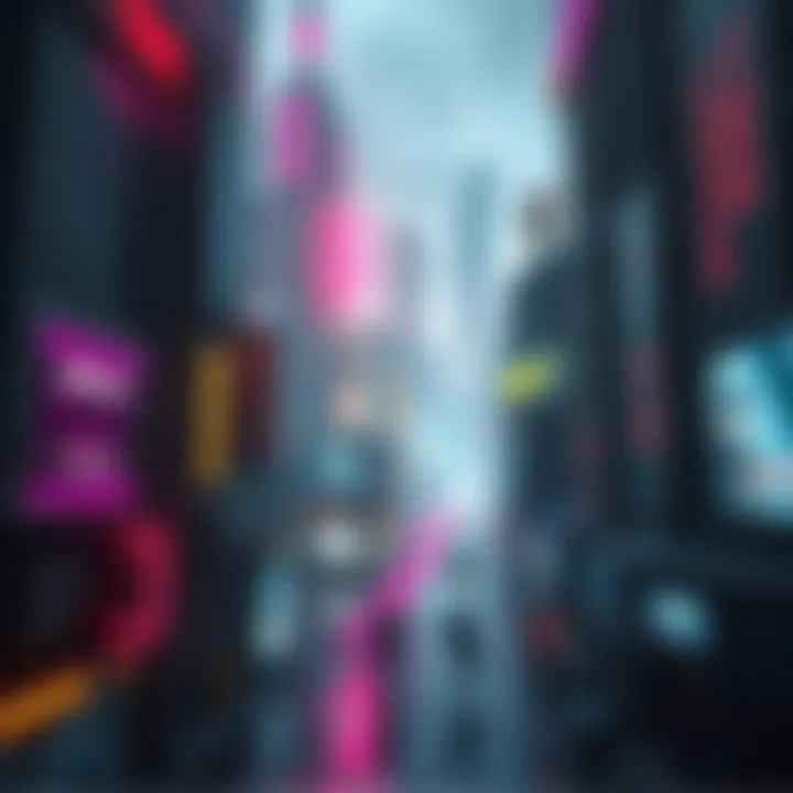 A futuristic cityscape with neon lights, dark alleys, and towering skyscrapers, depicting the essence of Cyberpunk 1750.