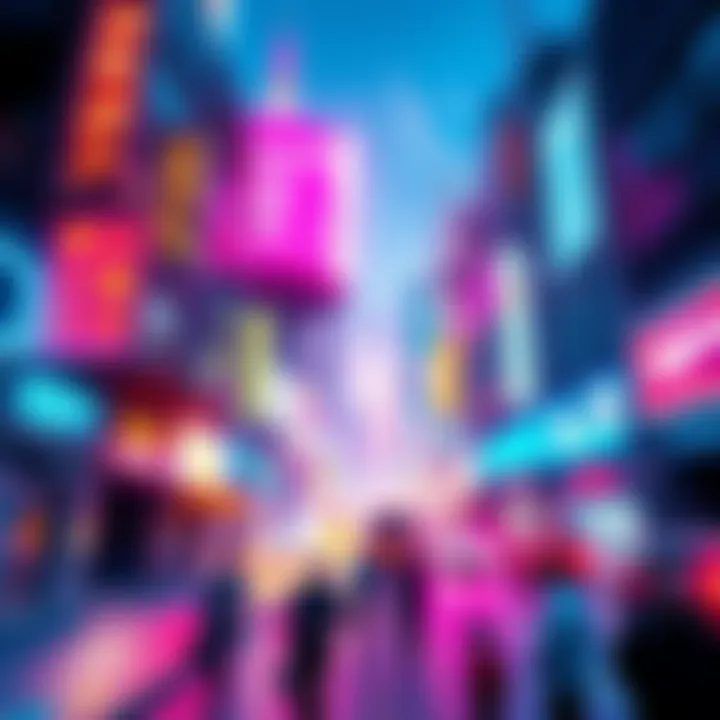 A vibrant cyberpunk city with neon lights, futuristic buildings, and people using technology in daily life.