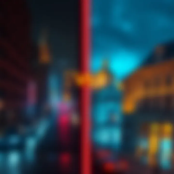 A split view of Detroit's gritty streets and Prague's historical buildings under neon lights, representing cyberpunk themes in gaming.