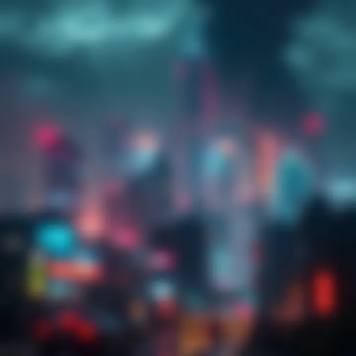 Cityscape with neon lights and pollution A dark city skyline filled with neon lights, showing signs of pollution and corporate buildings looming over the streets, reflecting a dystopian future.