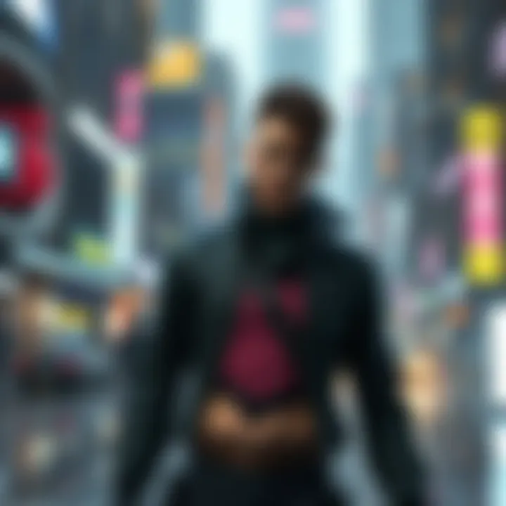 A screenshot of the player character V in the Cyberpunk 2077 game, wearing a sleek Corpo outfit, standing in a futuristic city setting, looking confused after an unexpected game event.