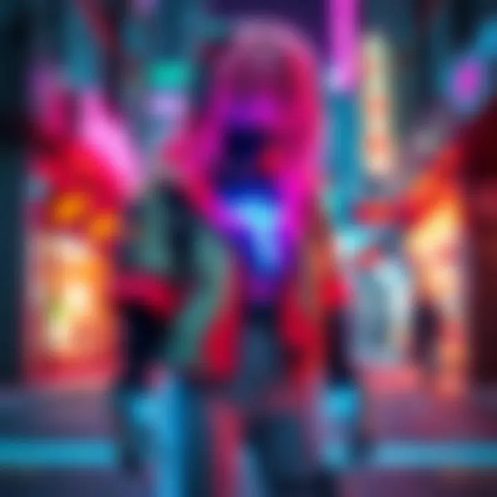 A person dressed in vibrant cyberpunk cosplay with neon accents and accessories, standing in an urban setting.