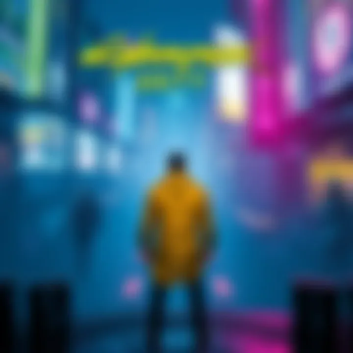 A character standing in a neon-lit cityscape of Cyberpunk 2077, ready to start the Phantom Liberty DLC, with intense colors and futuristic elements surrounding them.