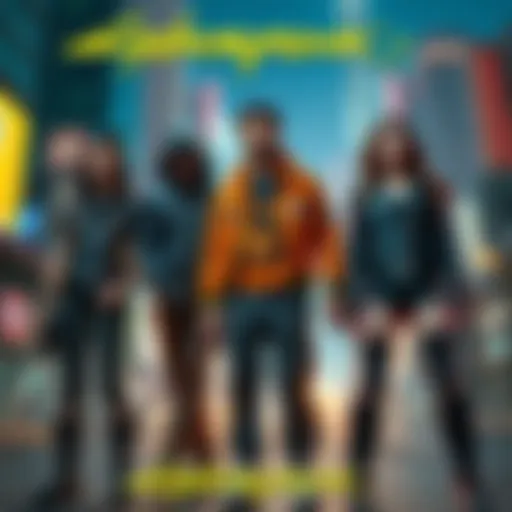 Weak Kingsley, D, Roman Carax, and Talia Yang stand together in a neon-lit cityscape, showcasing their unique styles and personalities.