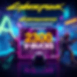 An illustration showing the Cyberpunk Edgerunners Bundle with V-Bucks displayed prominently, engaging visuals of the game's characters and vibrant colors, reflecting the gaming theme.