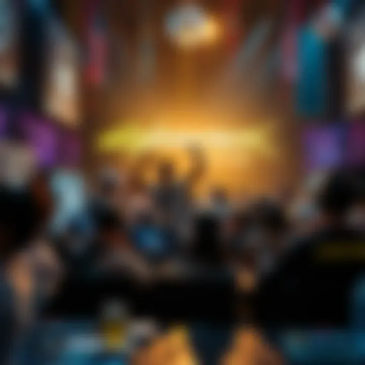 A group of gamers celebrating the Best Ongoing Game award at a gaming event, with Cyberpunk-themed decorations in the background.