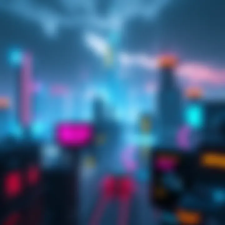 A detailed view of a futuristic city skyline from Cyberpunk with neon lights and advanced technology.