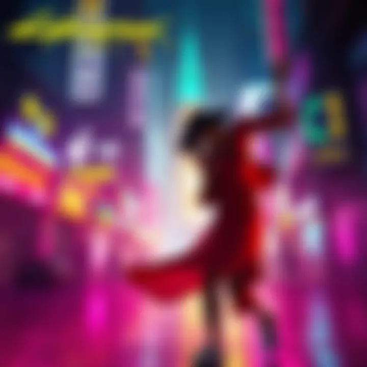 A character dancing in a neon-lit city, showcasing a moment of connection and emotion