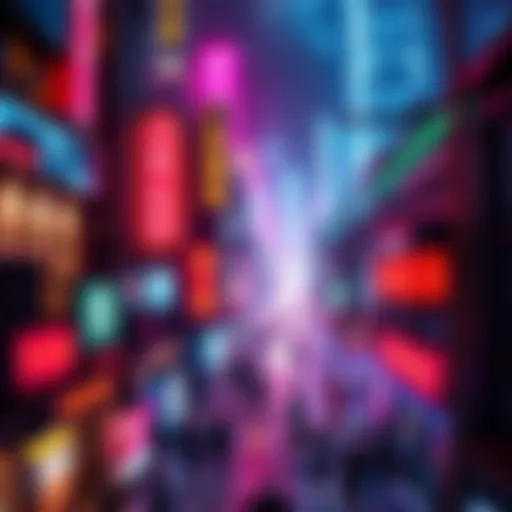 A vibrant city skyline at night with neon lights and futuristic elements, showcasing a lively atmosphere of a cyberpunk music scene.
