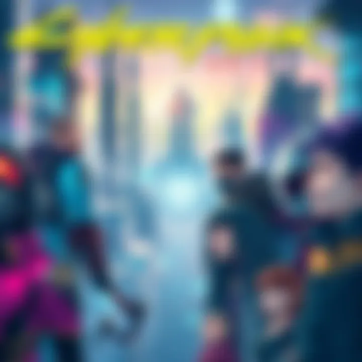 Artwork depicting a futuristic cityscape with diverse characters representing various life paths and romance options in Cyberpunk Orion