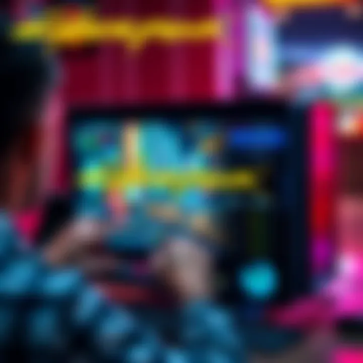 A person adjusting graphics settings on a CyberPower PC while playing Cyberpunk 2077, showing vibrant game visuals on the screen.