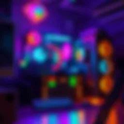 A vibrant CyberPunk themed PC featuring neon lights and futuristic design elements, showcasing the unique tech components in a dark setting.