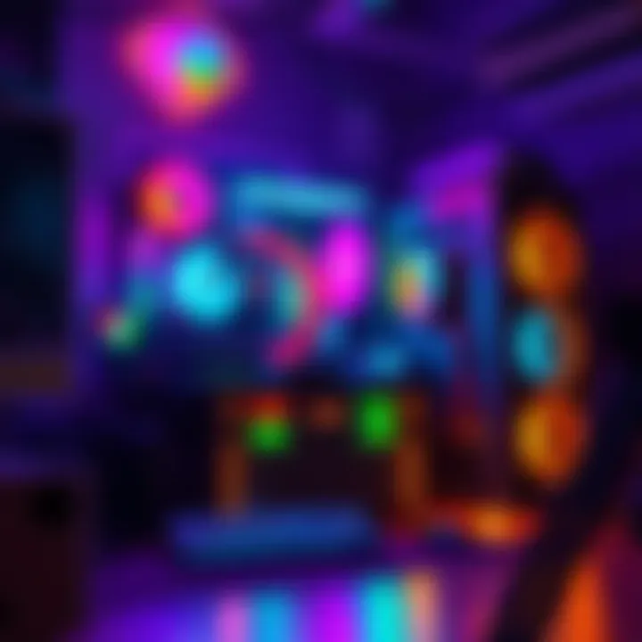 A vibrant CyberPunk themed PC featuring neon lights and futuristic design elements, showcasing the unique tech components in a dark setting.