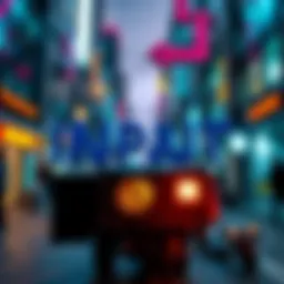 A visual representation of popular cyberpunk slang terms like input, output, choom, and gonk with futuristic graphics in an urban setting.