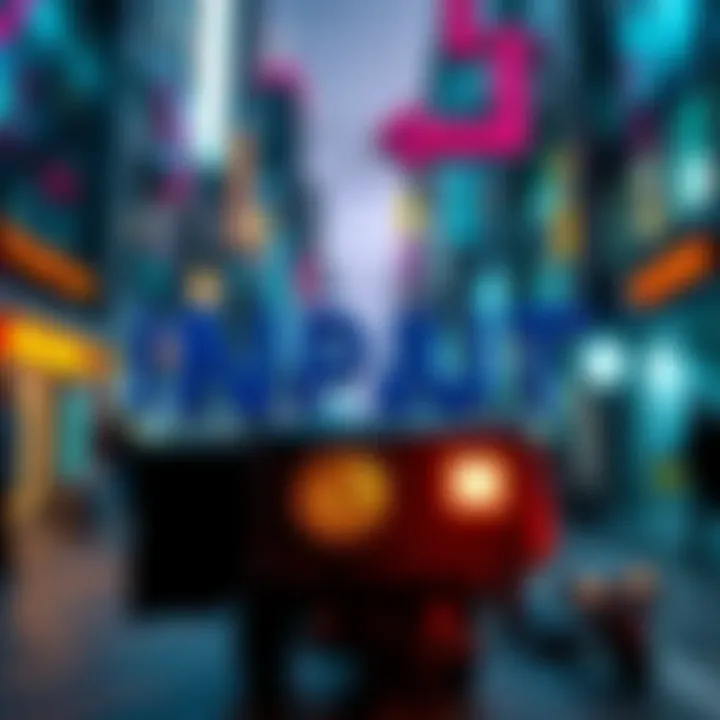Cyberpunk Slang Words A visual representation of popular cyberpunk slang terms like input, output, choom, and gonk with futuristic graphics in an urban setting.