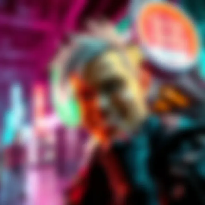 Character V from Cyberpunk looking amused, surrounded by neon lights and technology