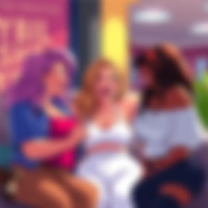 Three characters Cybil, Julie, and Taurie laughing and engaging in a lively discussion about body image and self-acceptance, promoting a positive message.