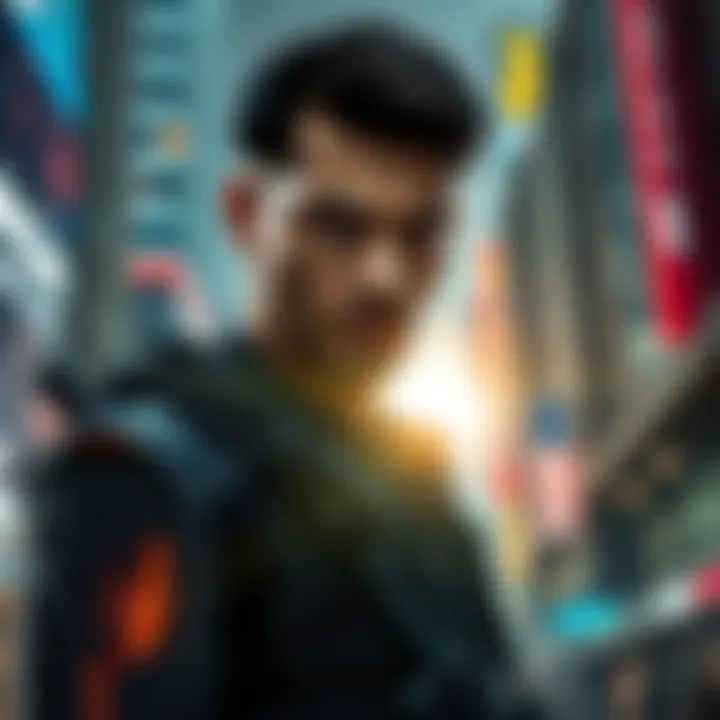 Adam Jensen, a cyborg operative, stands in a futuristic city, ready for action. He has a serious look, showcasing his augmented features. Urban buildings and neon lights are in the background.
