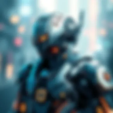 A futuristic robotic character designed in a Warframe style, showcasing a blend of sleek metal and high-tech features, capturing a techy aesthetic.