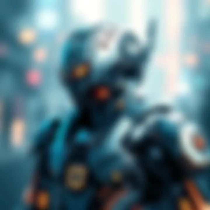 A futuristic robotic character designed in a Warframe style, showcasing a blend of sleek metal and high-tech features, capturing a techy aesthetic.