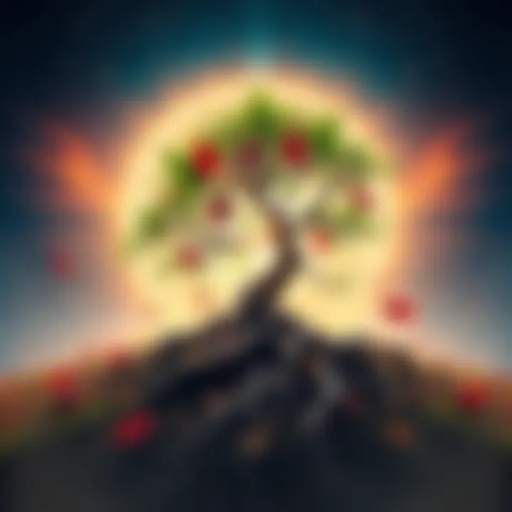 A representation of life, death, and rebirth shown through natural elements like a tree shedding leaves and new ones growing, with a mystical background of stars and a glowing orb, symbolizing transformation.