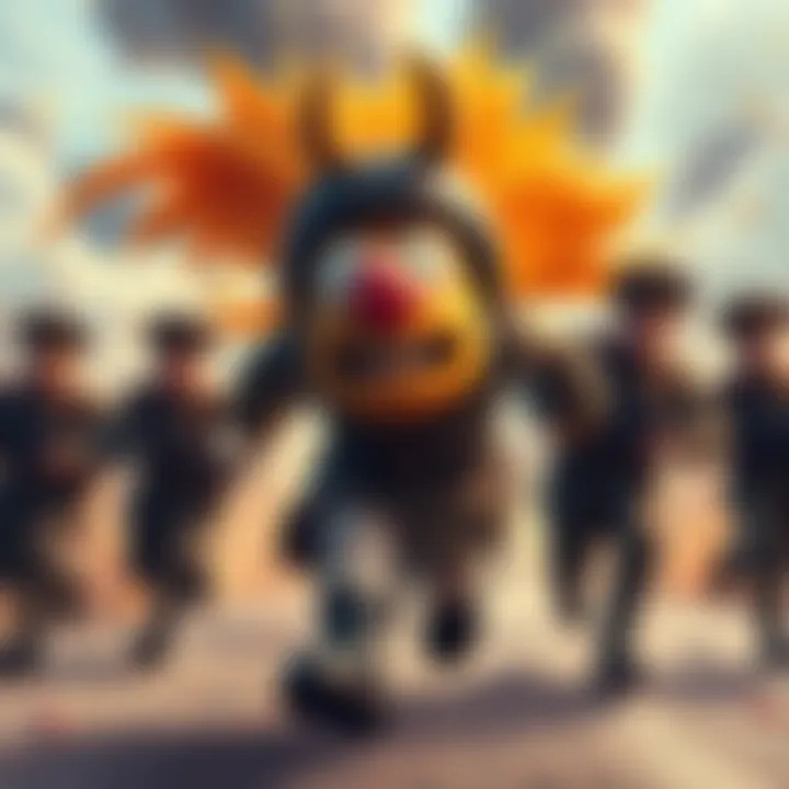 A cartoon cyclops rushes past shocked military generals, causing chaos and laughter