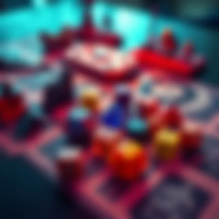 A set of colorful D100 dice displayed on a gaming table with character sheets and miniatures.