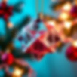 A handmade origami snowflake ornament shaped like a D20 dice with intricate folds and festive colors.
