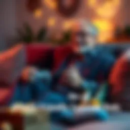 A 60-year-old man playing a video game on a cozy couch with a smile, surrounded by snacks and a controller in hand.