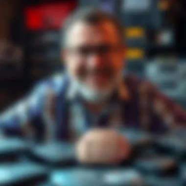 A father surrounded by several new hard drives, smiling as he talks about his storage strategy, with old drives in the background.