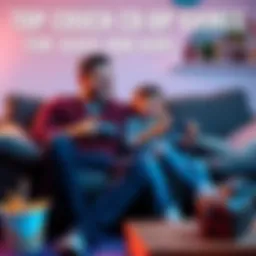 A father and his child sitting on a couch, playing video games with joy, surrounded by snacks and game controllers.