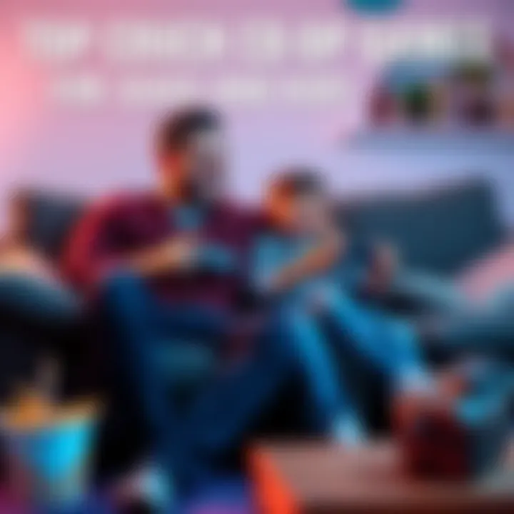 A father and his child sitting on a couch, playing video games with joy, surrounded by snacks and game controllers.
