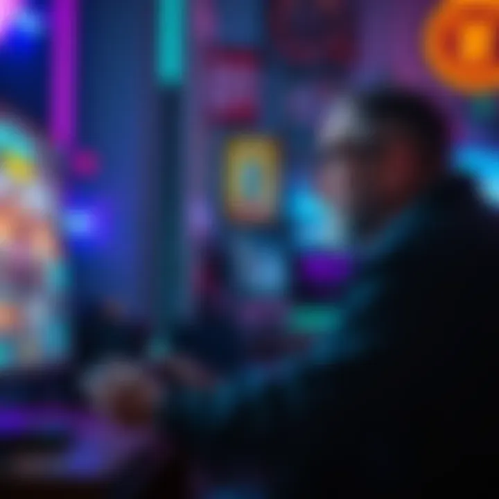 A father sits in front of a monitor, deeply focused on a vibrant Cyberpunk game, with neon lights reflecting on his face and a game controller in his hands.