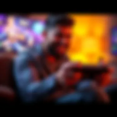 A busy dad enjoying a short narrative video game on his console, focused and smiling