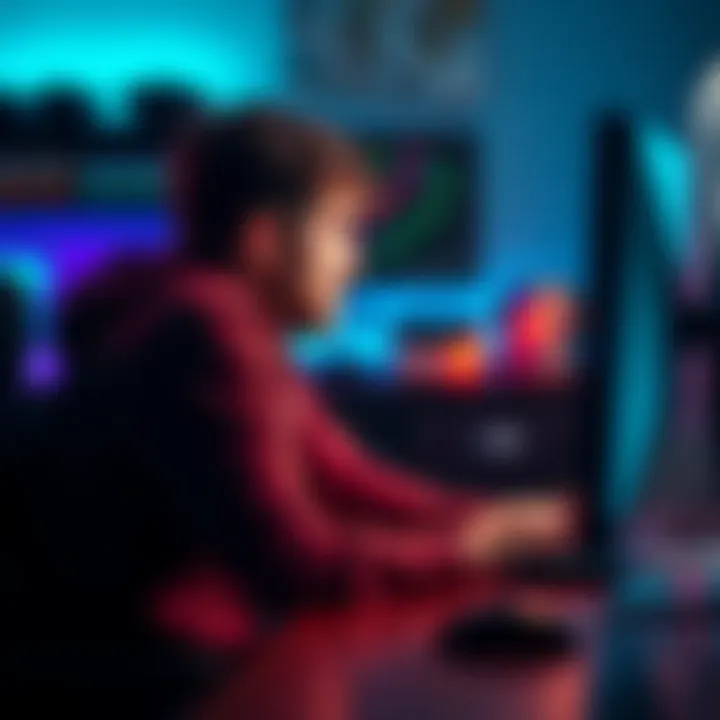 A father sitting at a desk, intently playing a video game on his computer, looking thoughtful while balancing game time and family responsibilities.