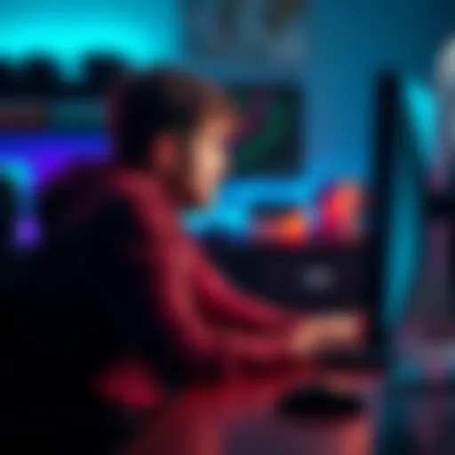 Dad playing video games A father sitting at a desk, intently playing a video game on his computer, looking thoughtful while balancing game time and family responsibilities.