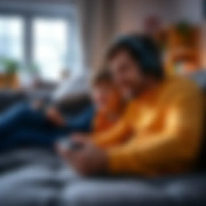 A dad and his son enjoying a cooperative video game on the couch, smiling and having fun