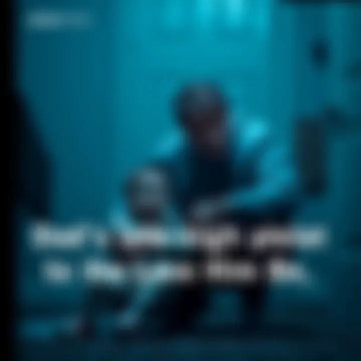 A tired dad crouches in a dimly lit room, soothing his child back to sleep while looking overwhelmed yet humorous.