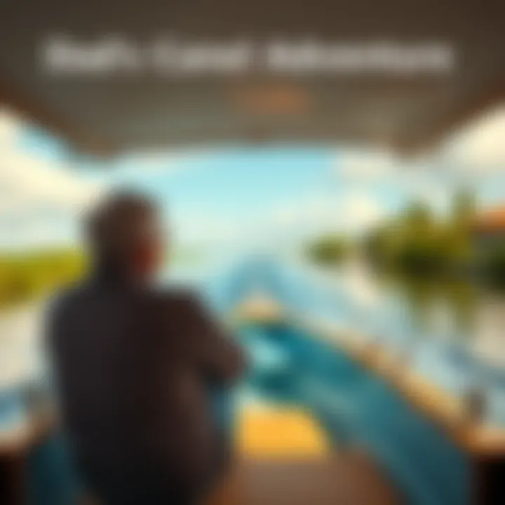 Dad on a Boat Adventure A father enjoying a boat ride through scenic canals heading toward the gulf, surrounded by lush greenery and calm waters.